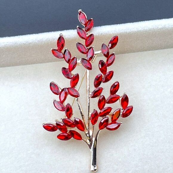 Rose Gold with Ruby Red Crystal Tree Branch with Leaves Pin Back Brooch - Picture 7 of 9